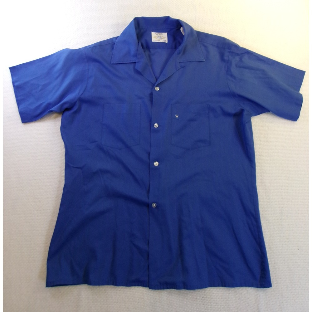 Arrow Decton Perma Iron‎ Blue Short Sleeve Button Down Shirt Mens Large Vintage